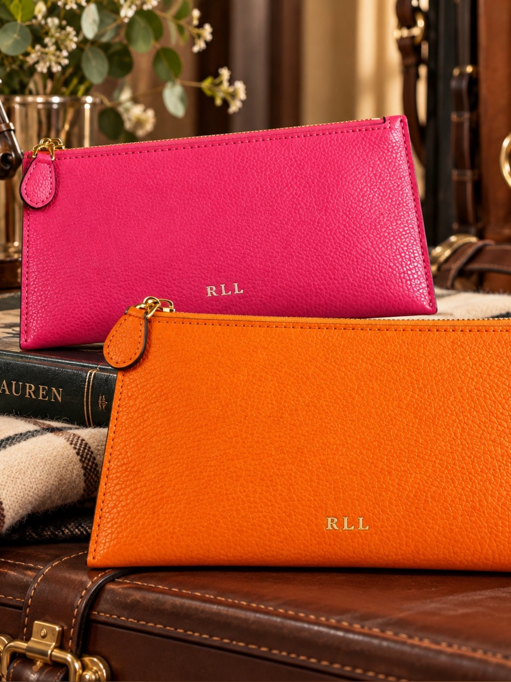 RALPH LAUREN Pebbles Wristlet/Clutch/Bag Orange & Pink